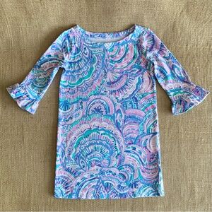 Lilly Pulitzer Girl’s Dress Long Sleeves Blue Pink White Fan Pattern Small (4-5)